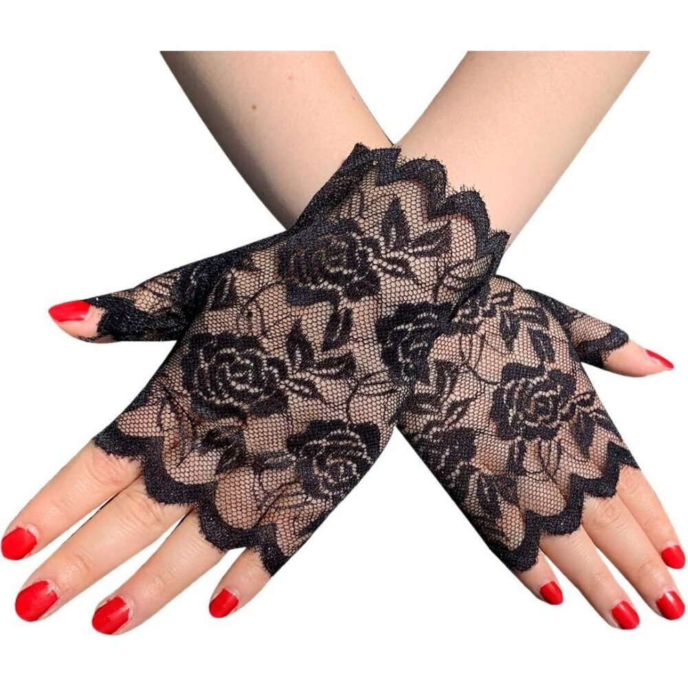 Women's Fancy Wrist Black Short Lace Half Fingerless Gloves Wedding Party Tea